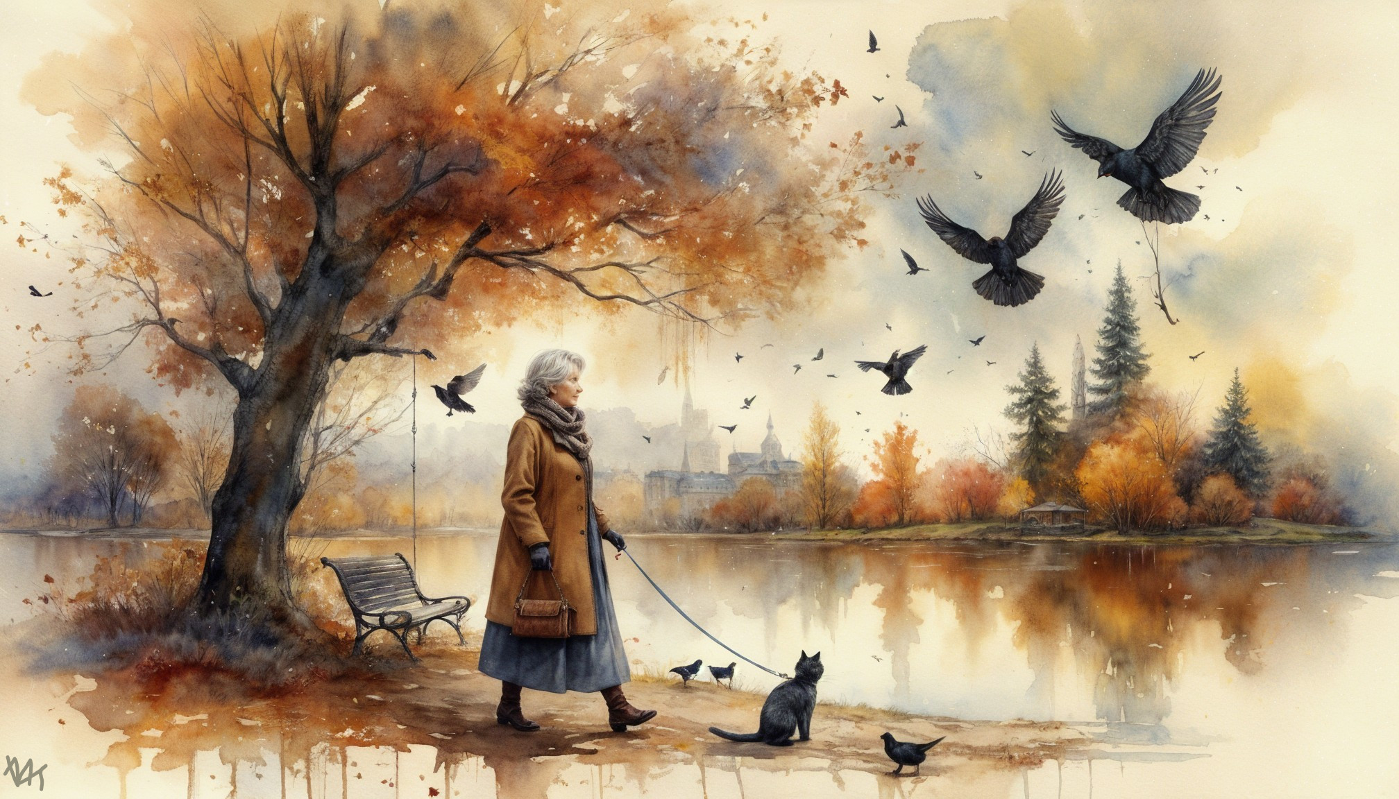 Elderly Woman and Cat by a Tranquil Autumn Lake