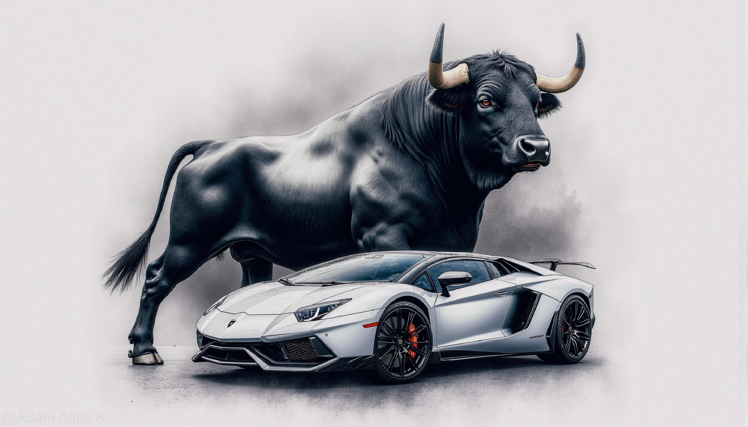 Black and White Bull Next to Silver Lamborghini Aventador