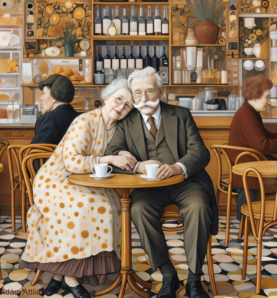 Elderly couple in cozy café with nostalgic ambiance