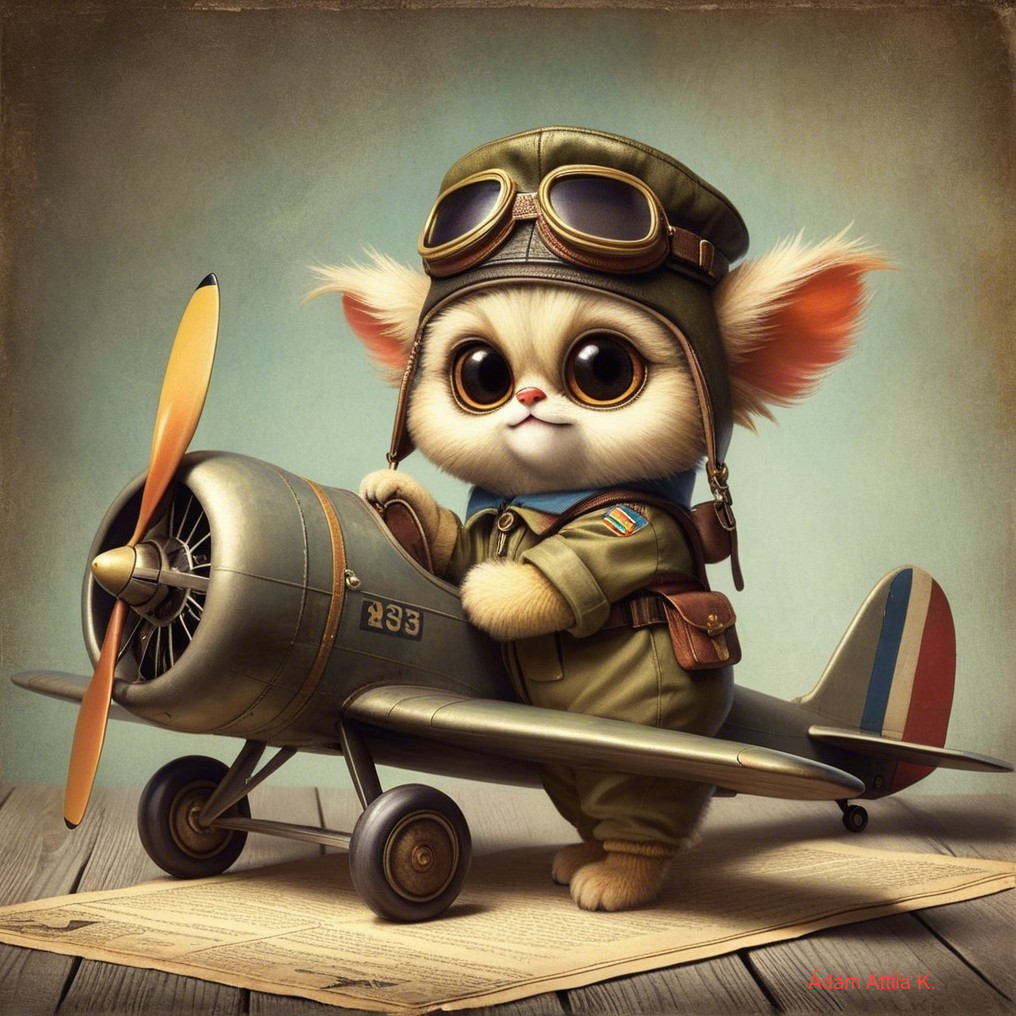 Cartoon Kitten Pilot with Vintage Toy Airplane