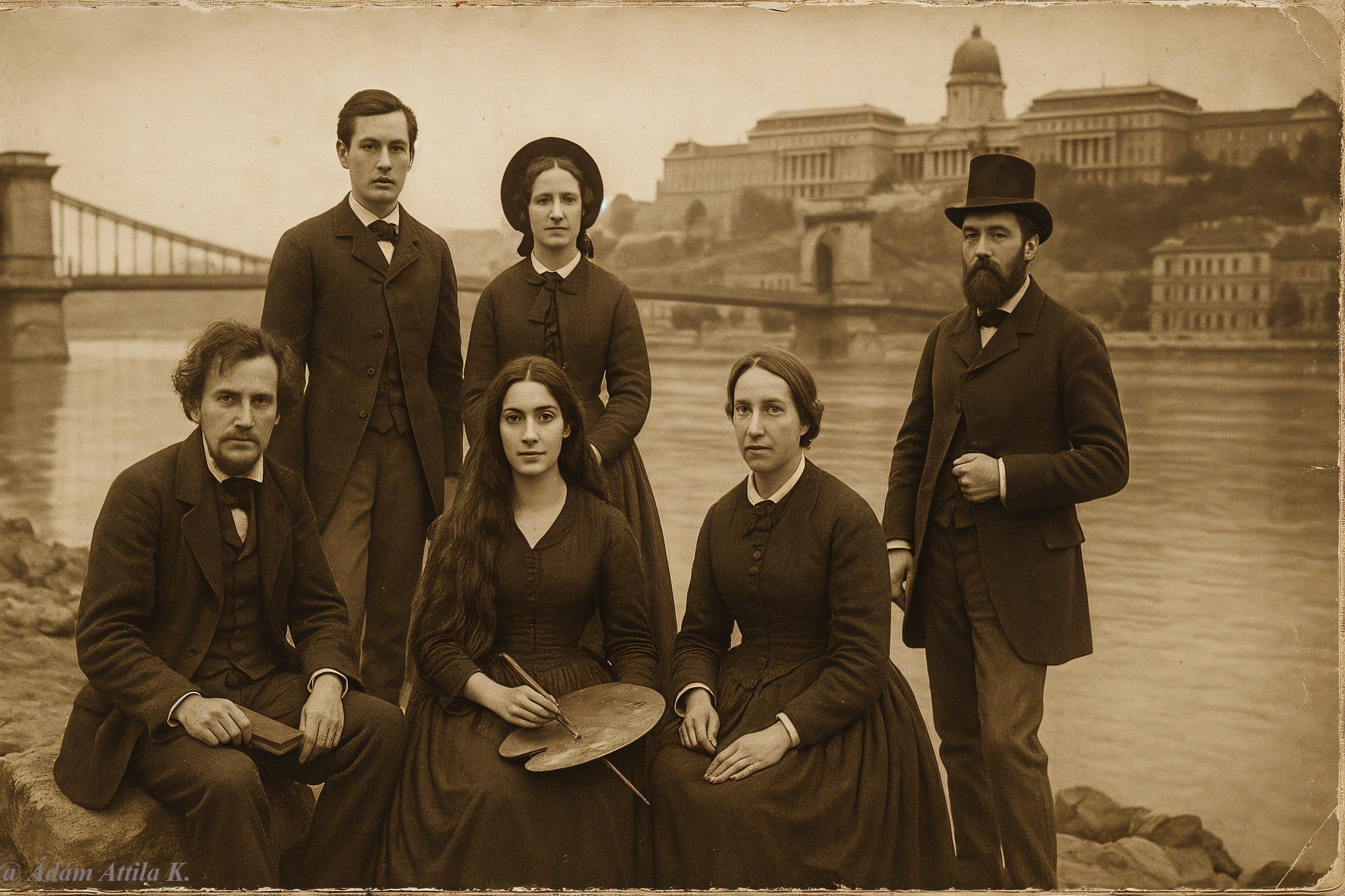 Vintage Group Photograph by a River with Historical Elements