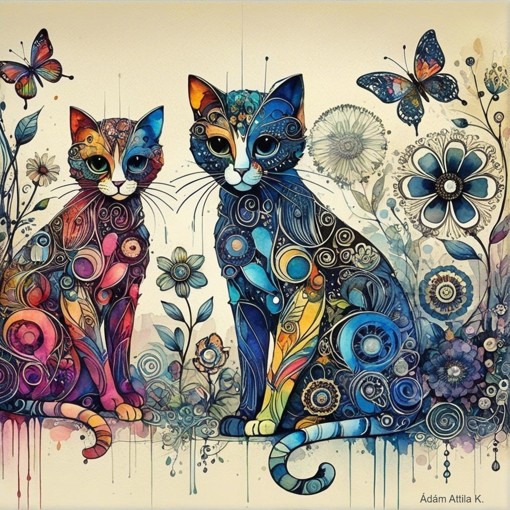 Intricately Designed Colorful Cats with Floral Surroundings