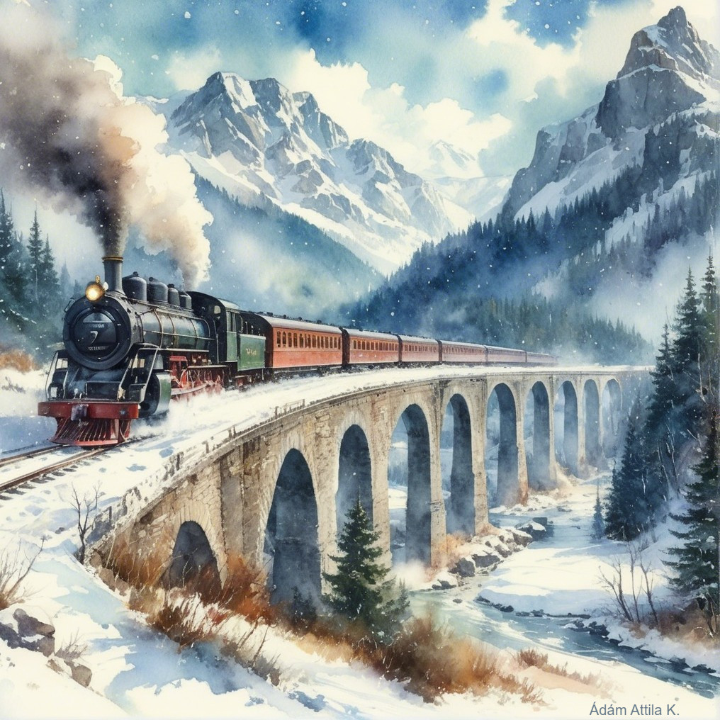 Steam Train Crossing Snowy Landscape and Stone Bridge