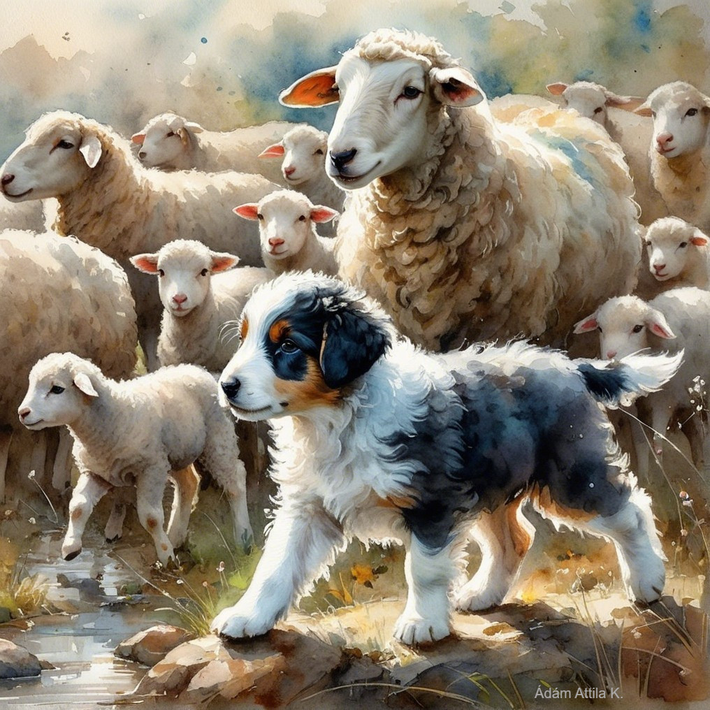 Sheepdog with Flock in Serene Pastoral Setting