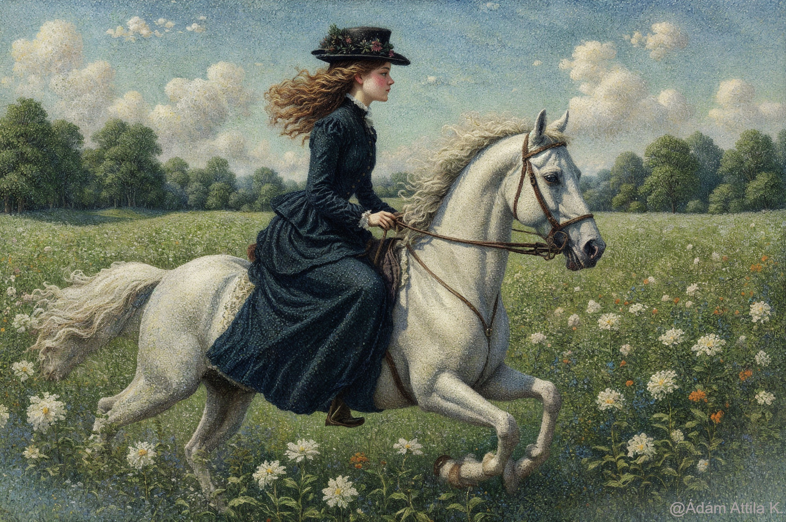 Victorian Woman in Black Dress Riding White Horse