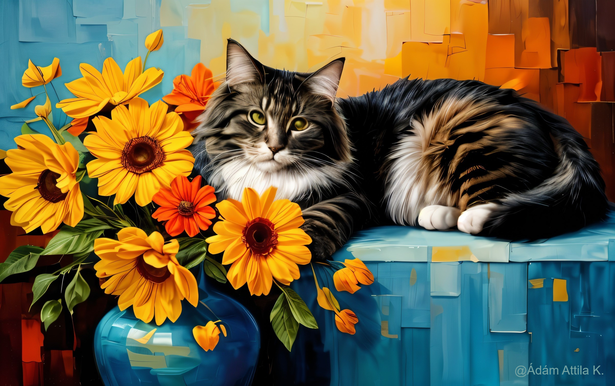 Fluffy Cat on Colorful Background with Sunflowers