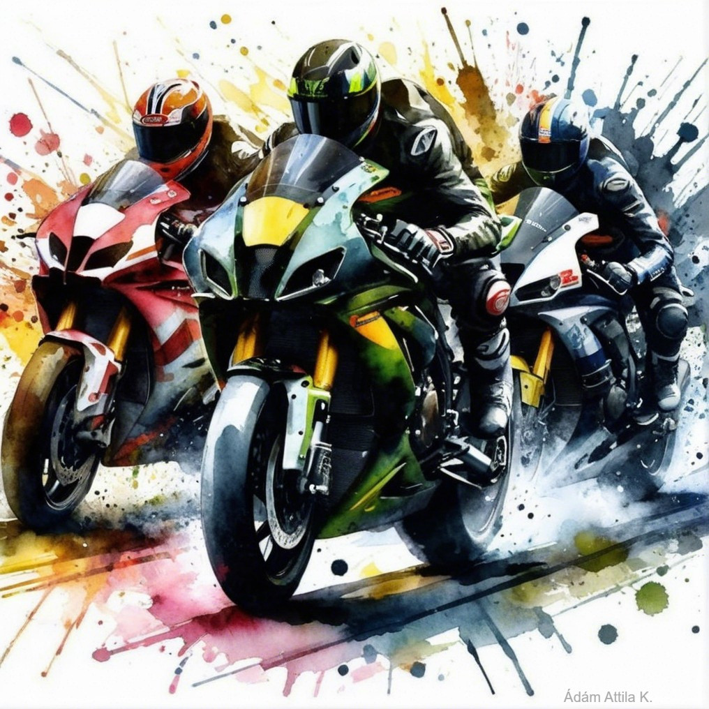 Watercolor Painting of Three Racing Motorcyclists