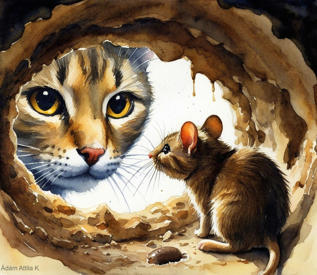 Watercolor Scene of Mouse and Cat in a Burrow