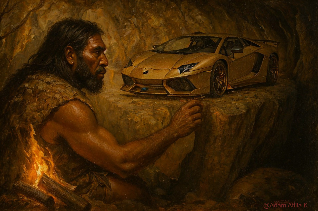 Caveman Carving Stone Lamborghini in Dim Cave Setting