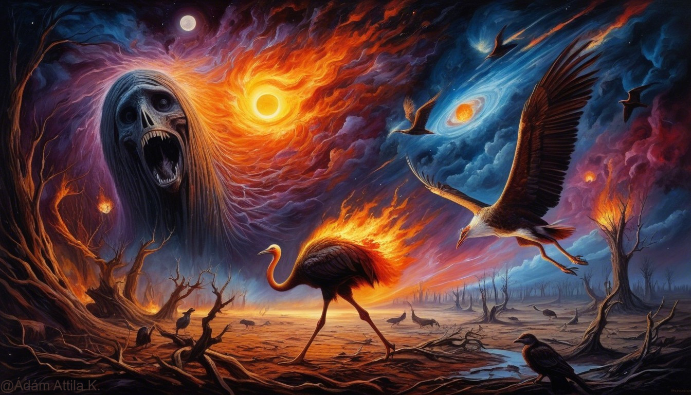 Surreal Landscape with Fiery Sky and Ostrich