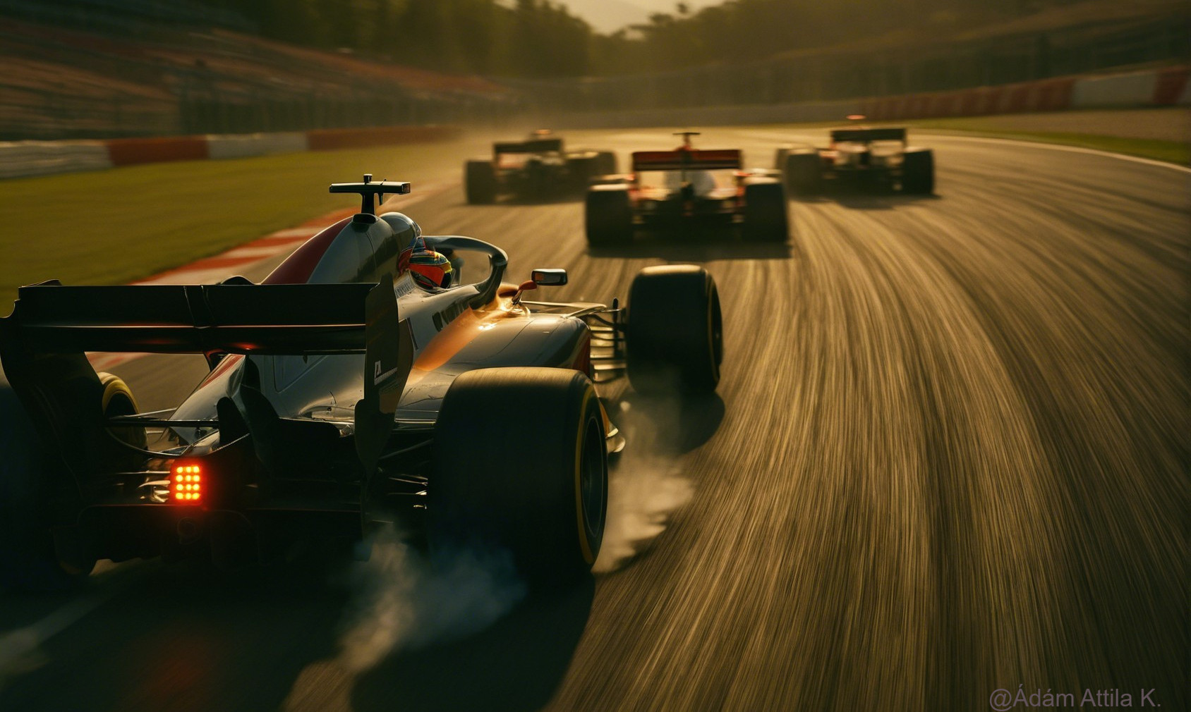 Formula 1 Car Leading Race in Dramatic Scene