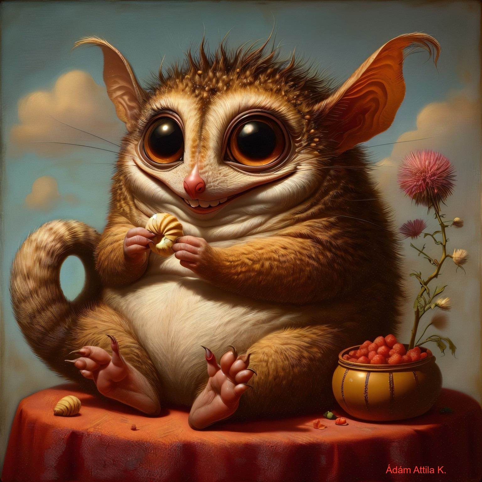 Whimsical creature with snacks and colorful treats