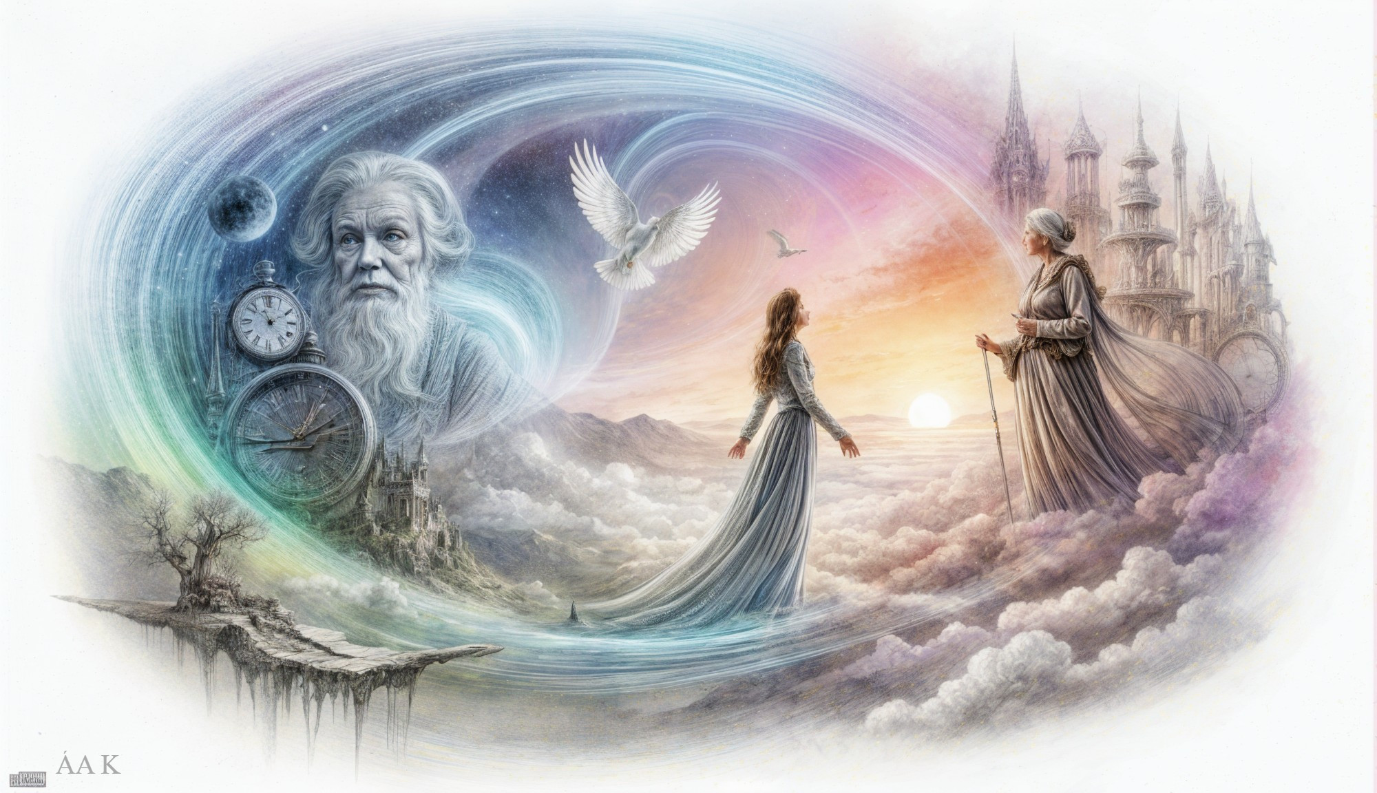 Mystical Landscape with Serene Woman and Ethereal Elements