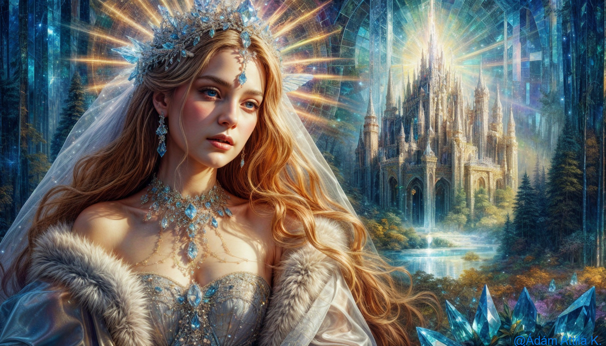 Elegant woman in gown with castle and crystal scenery