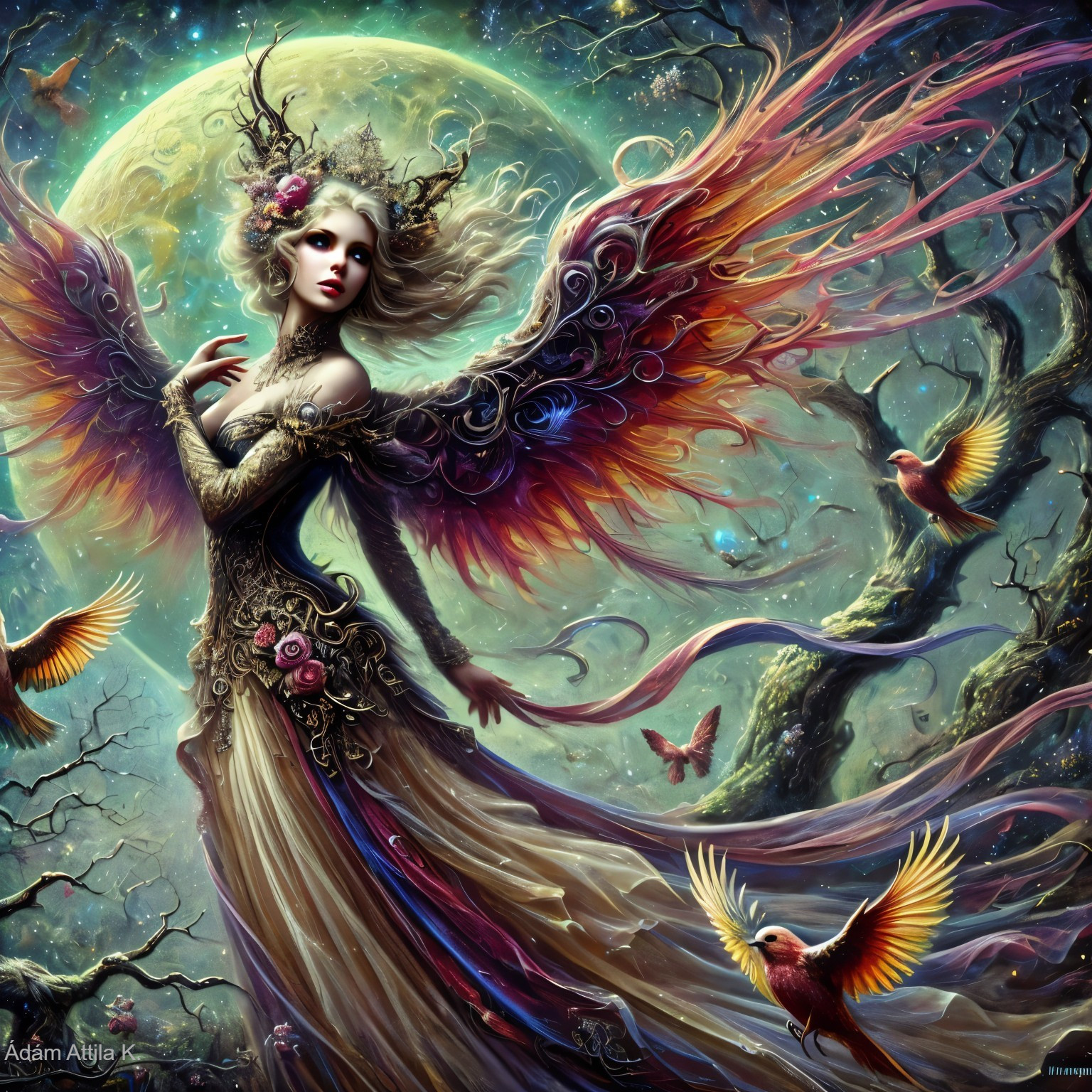 Mystical figure in enchanted forest with vibrant wings