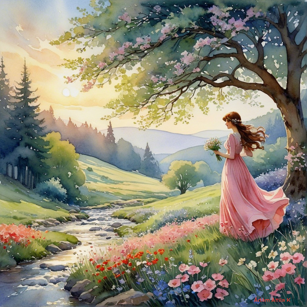 Serene Landscape with Stream and Blooming Meadows