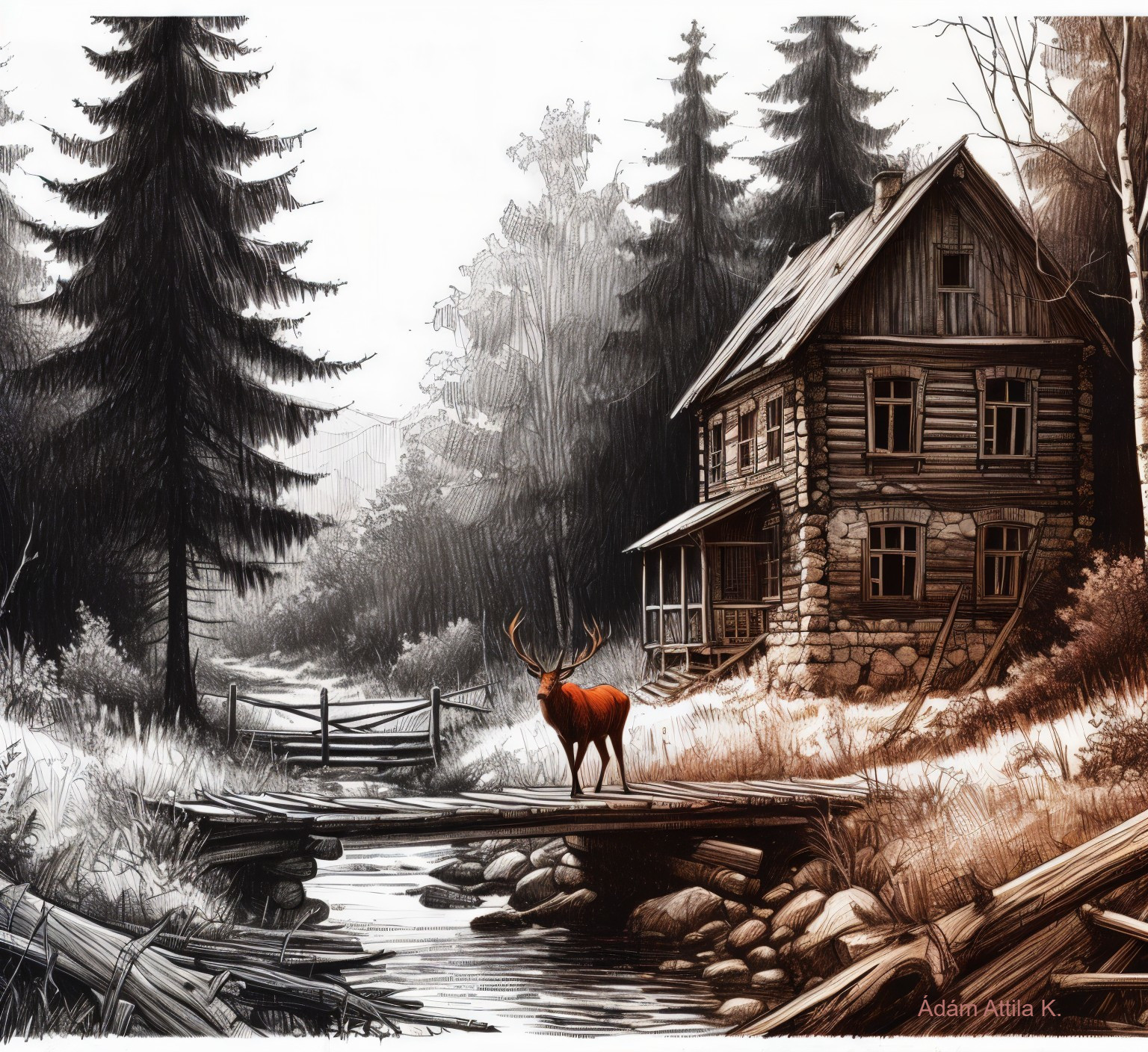 Majestic Stag on Bridge by Rustic House in Nature