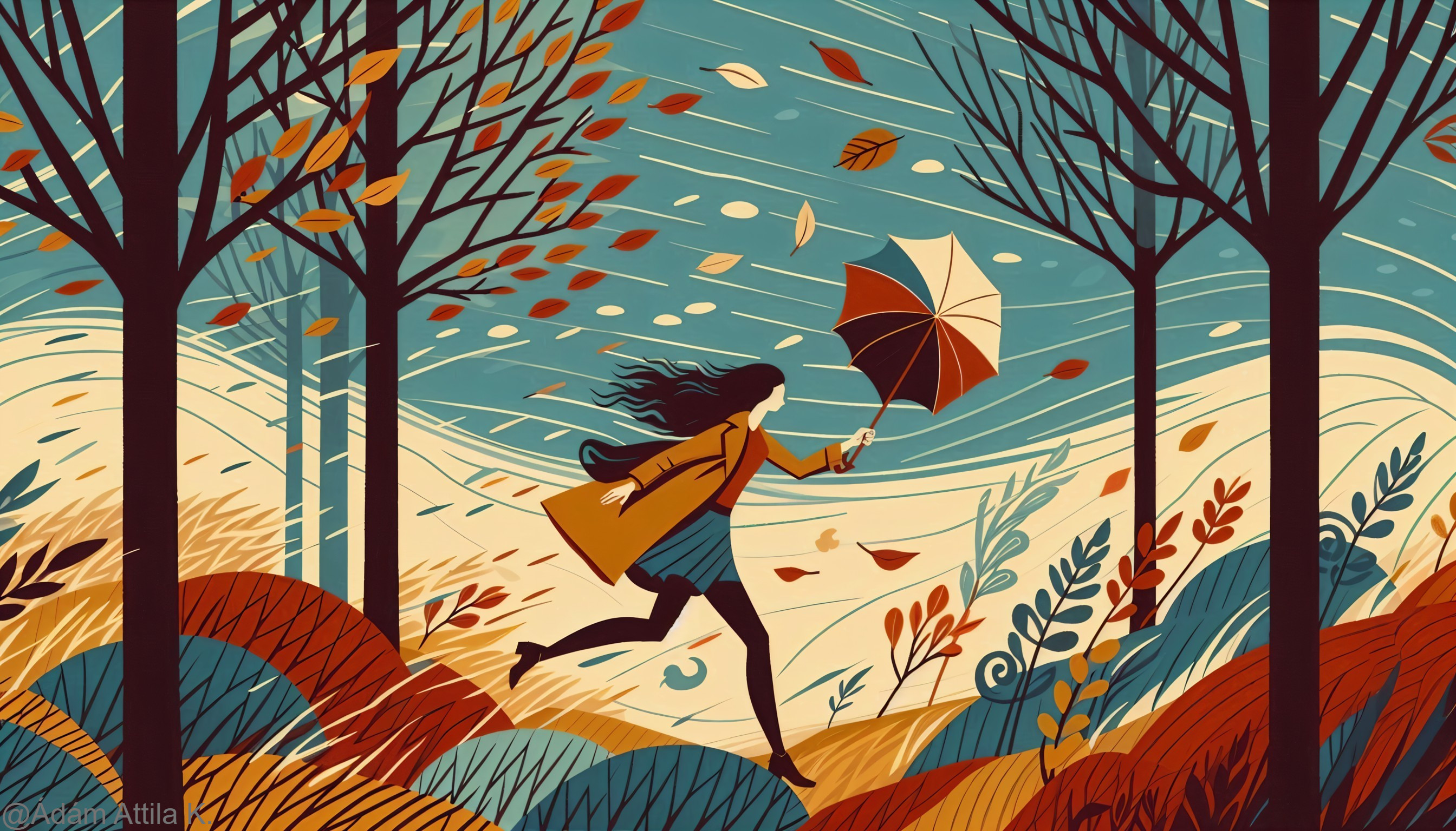 Whimsical Autumn Illustration of a Joyful Woman