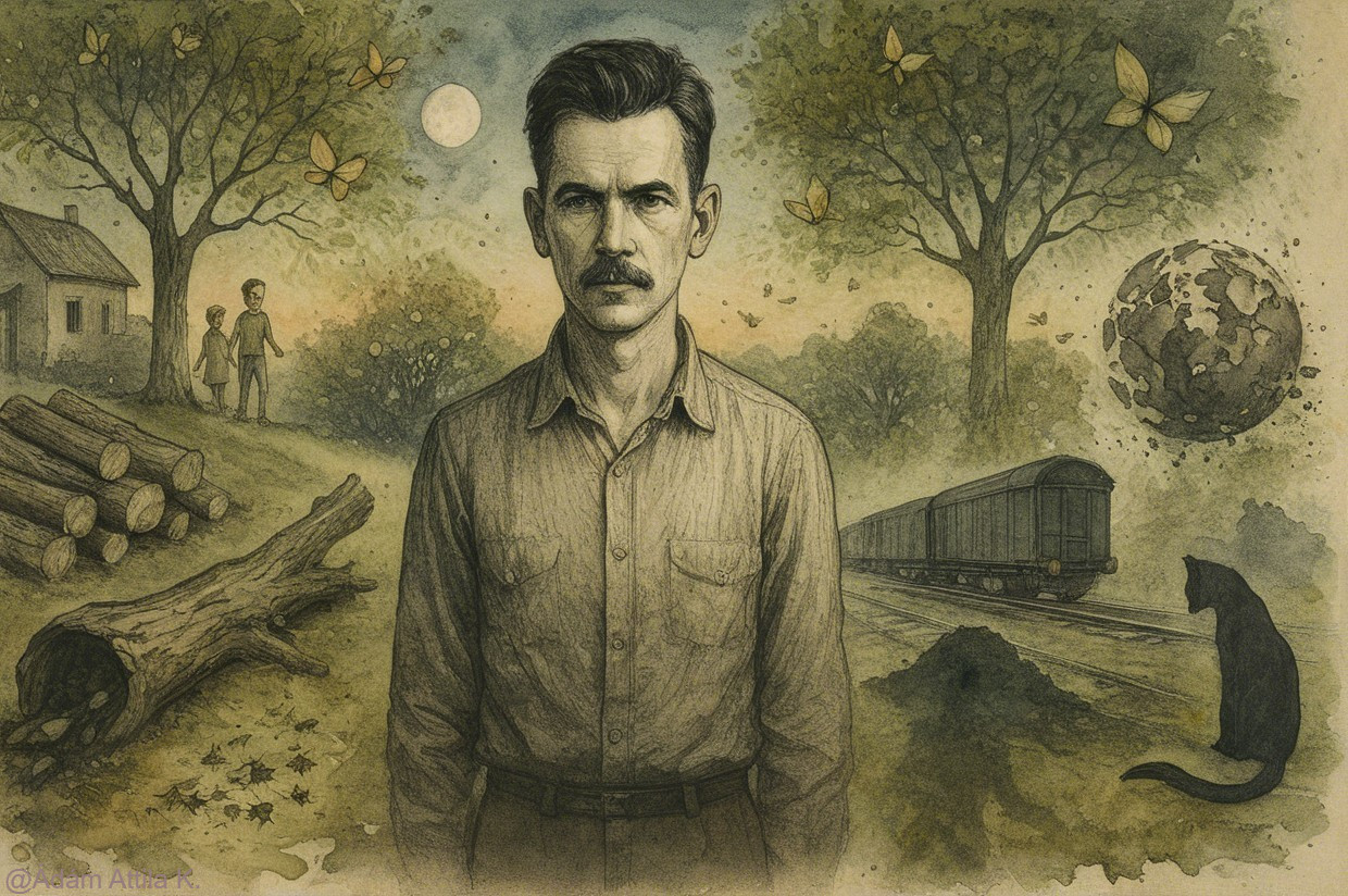 Solemn Man in Serene Landscape with Nature Elements