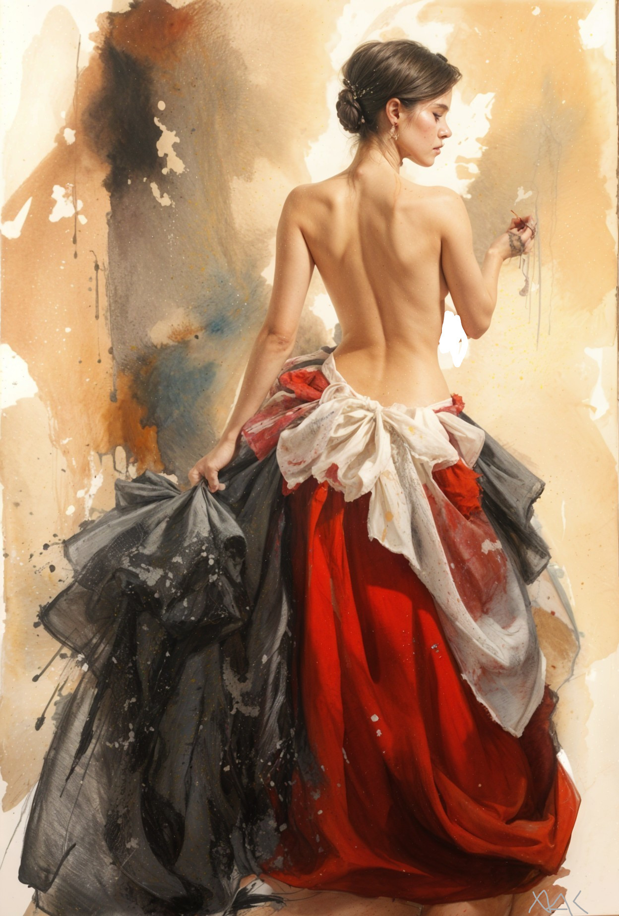 Elegant Woman in Red Skirt with Abstract Watercolor Background