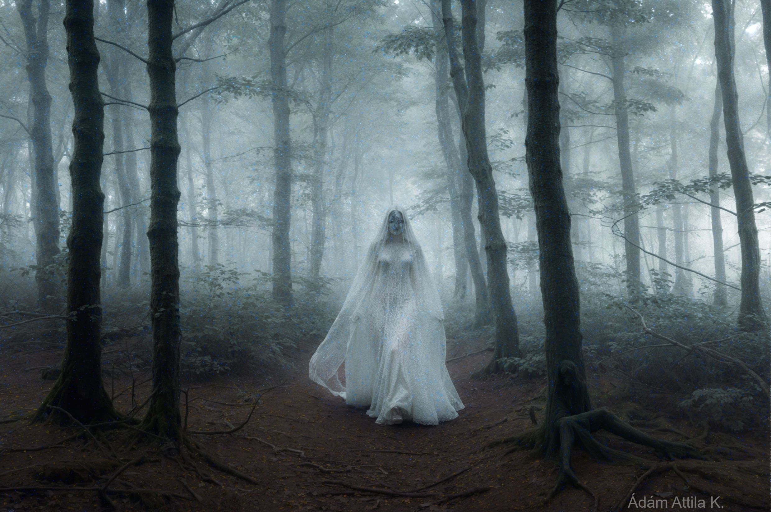 Misty Forest Scene with Figure in White Gown