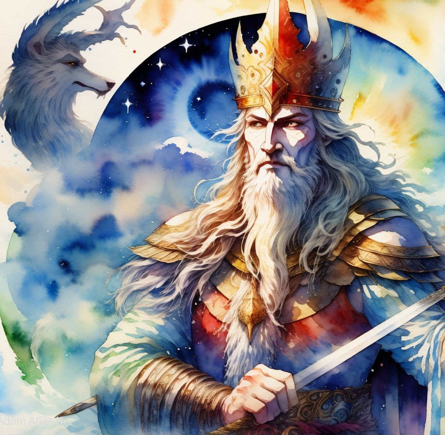 Majestic king in armor with mystical wolf and galaxy backdrop