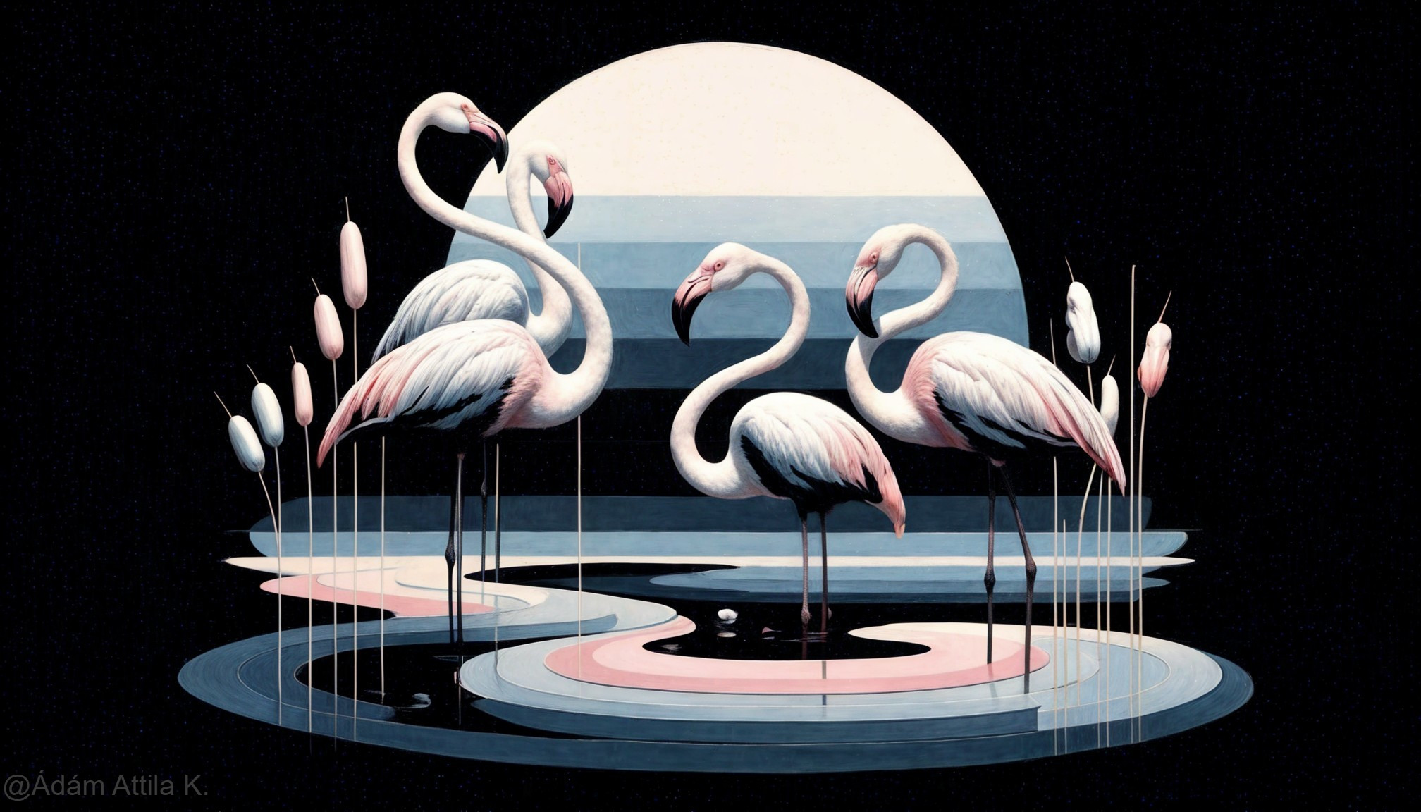 Stylized Flamingos in Calm Waters with Abstract Moon