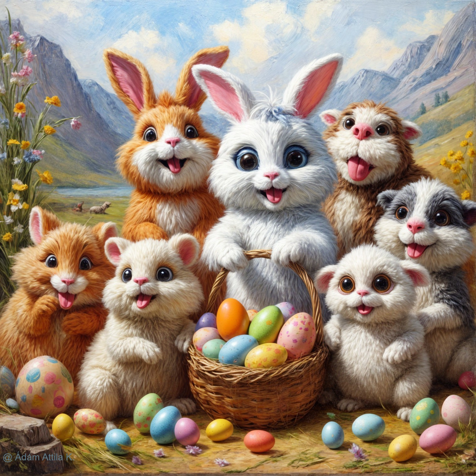 Cartoon Rabbits and Guinea Pig in Colorful Meadow