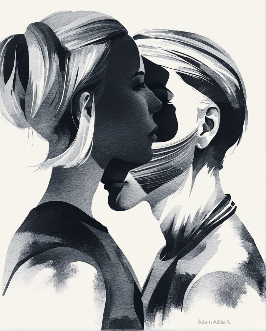 Black and White Illustration of Interlinked Profiles