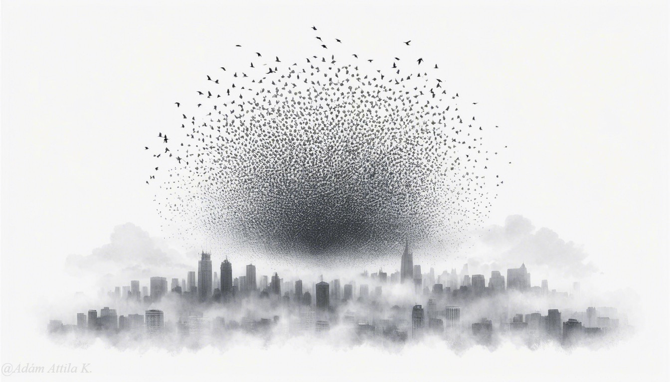 Monochromatic City Skyline with Birds in Mist