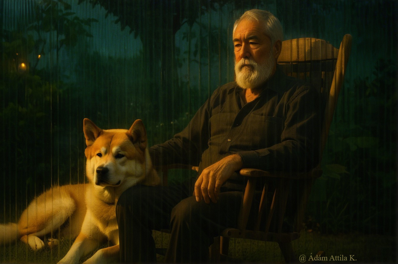 Older man in rocking chair with dog in serene setting