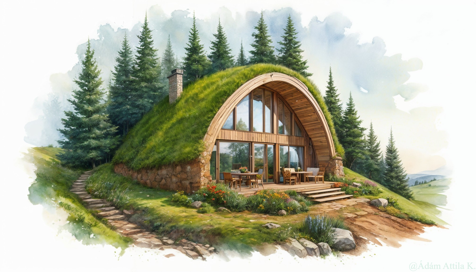 Eco-Friendly Cottage with Curved Grass Roof and Views