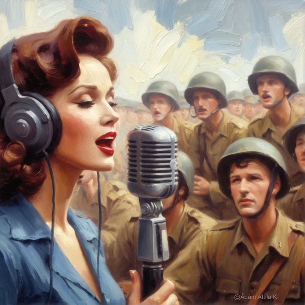 Vintage Scene of Woman Singing to Soldiers