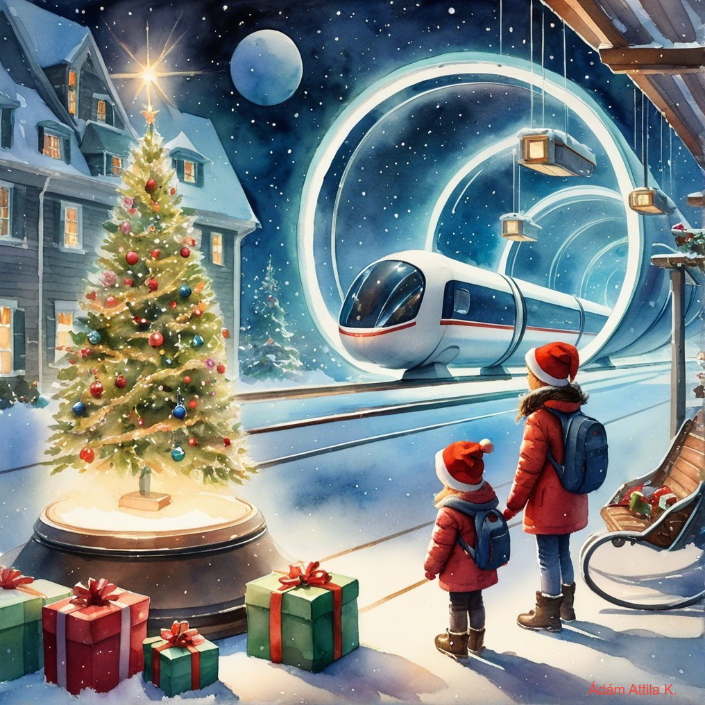 Children at a Christmas-themed train station in snow