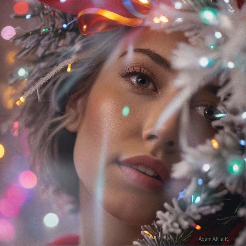 Close-up of a woman's face with Christmas lights and greenery