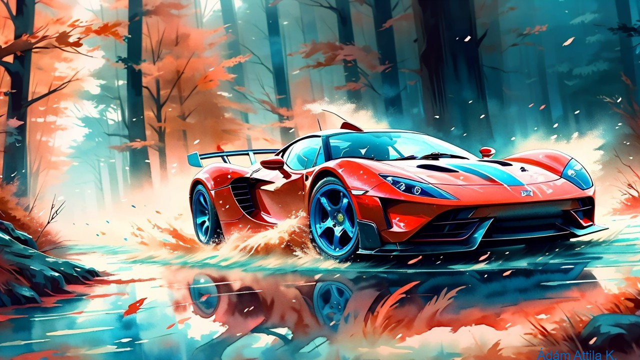 Vibrant Sports Car in Misty Forest Landscape