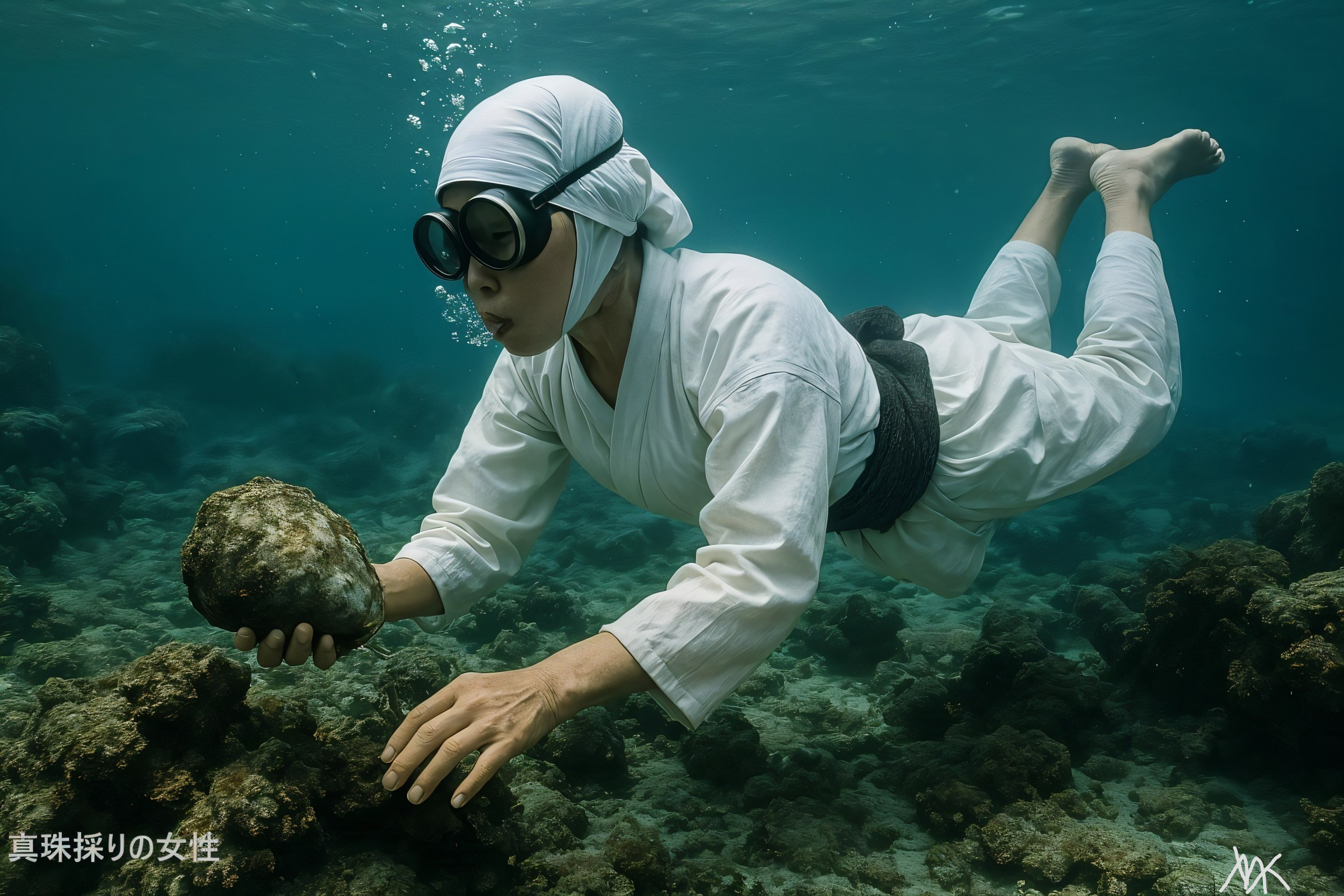 Diver in White Outfit Explores Underwater Coral Scene