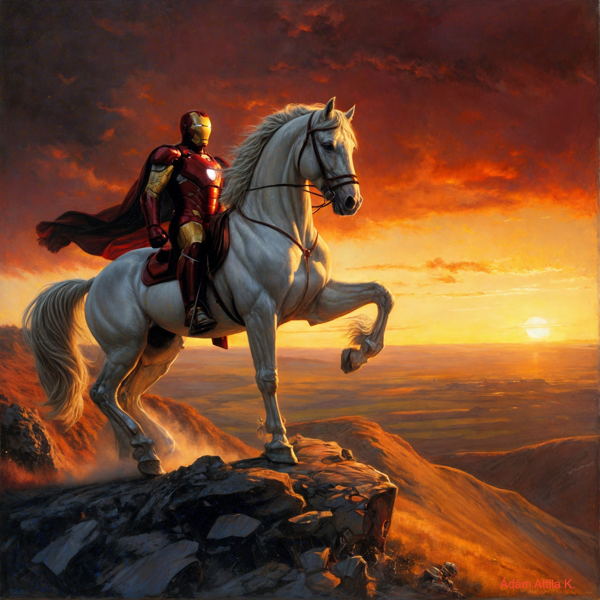 Heroic Figure in Red and Gold Suit on White Horse