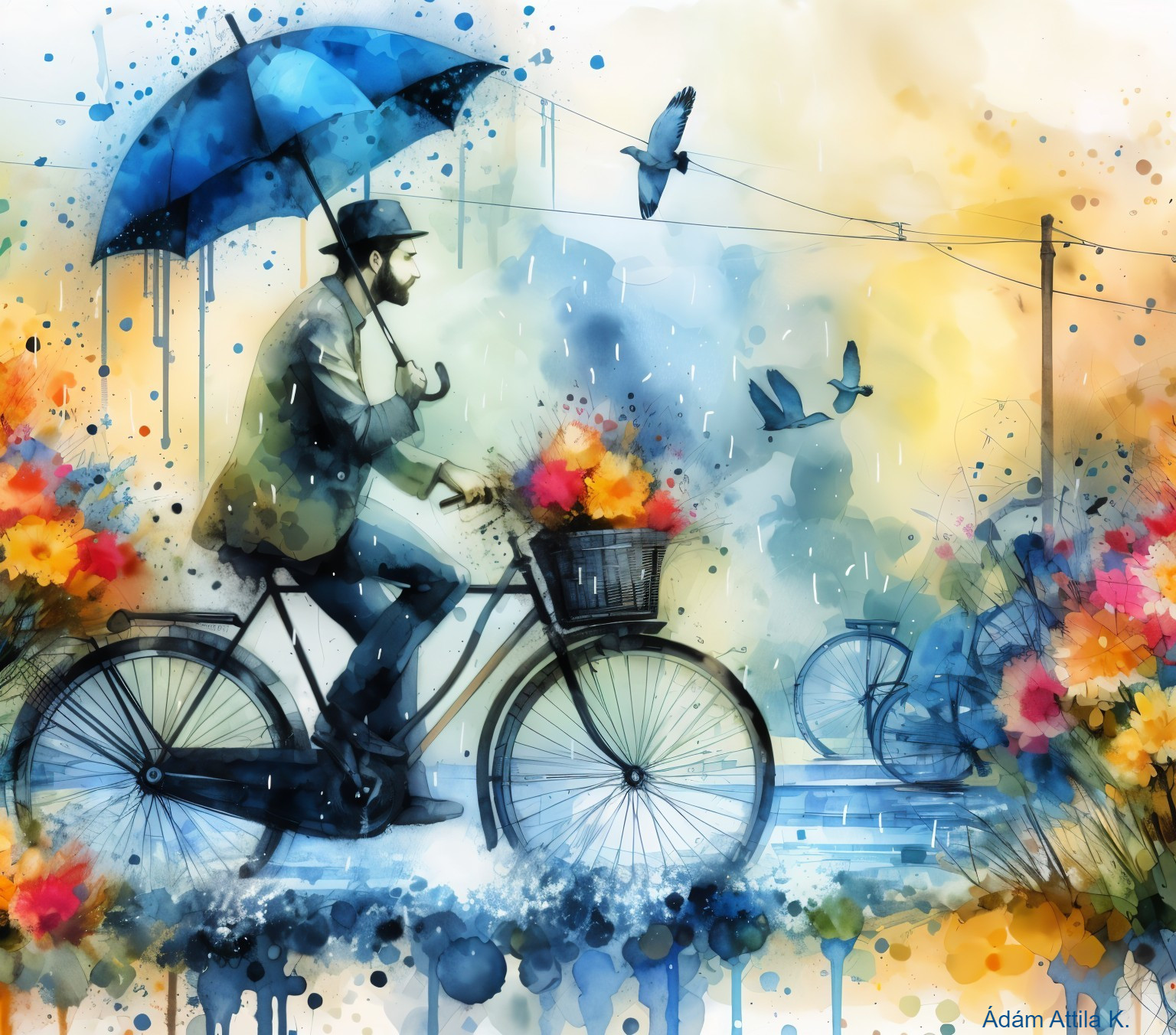 Whimsical Watercolor of Bicycle Ride in Rainy Scene