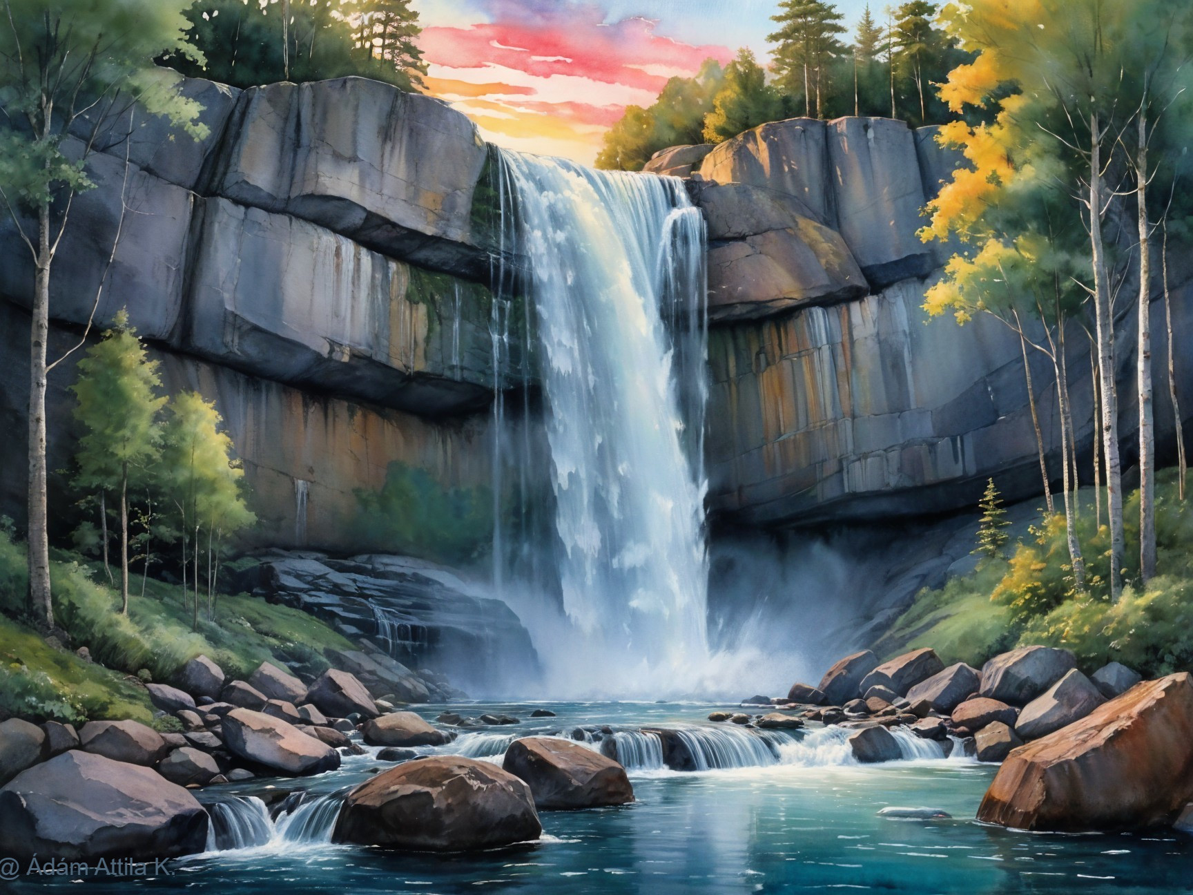 Waterfall Cascading Down Rocky Cliffs at Sunset