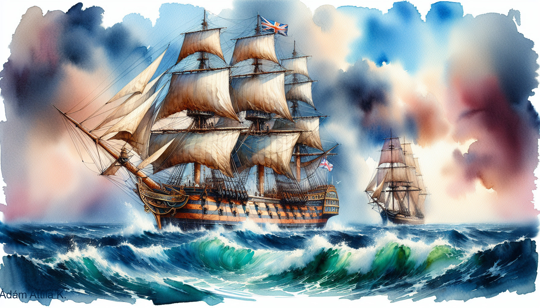 Sailing Ships in Turbulent Seas Watercolor Artwork