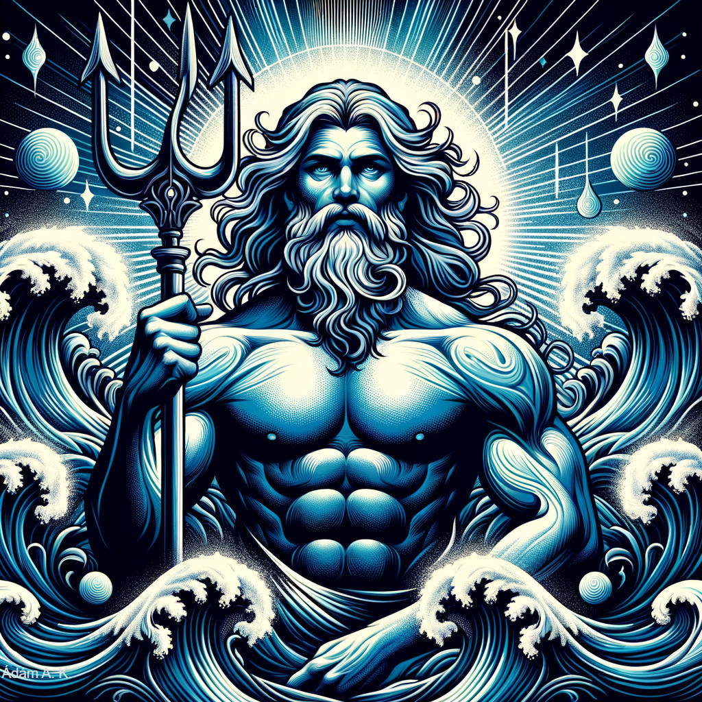 Mythological figure with trident amidst turbulent waves