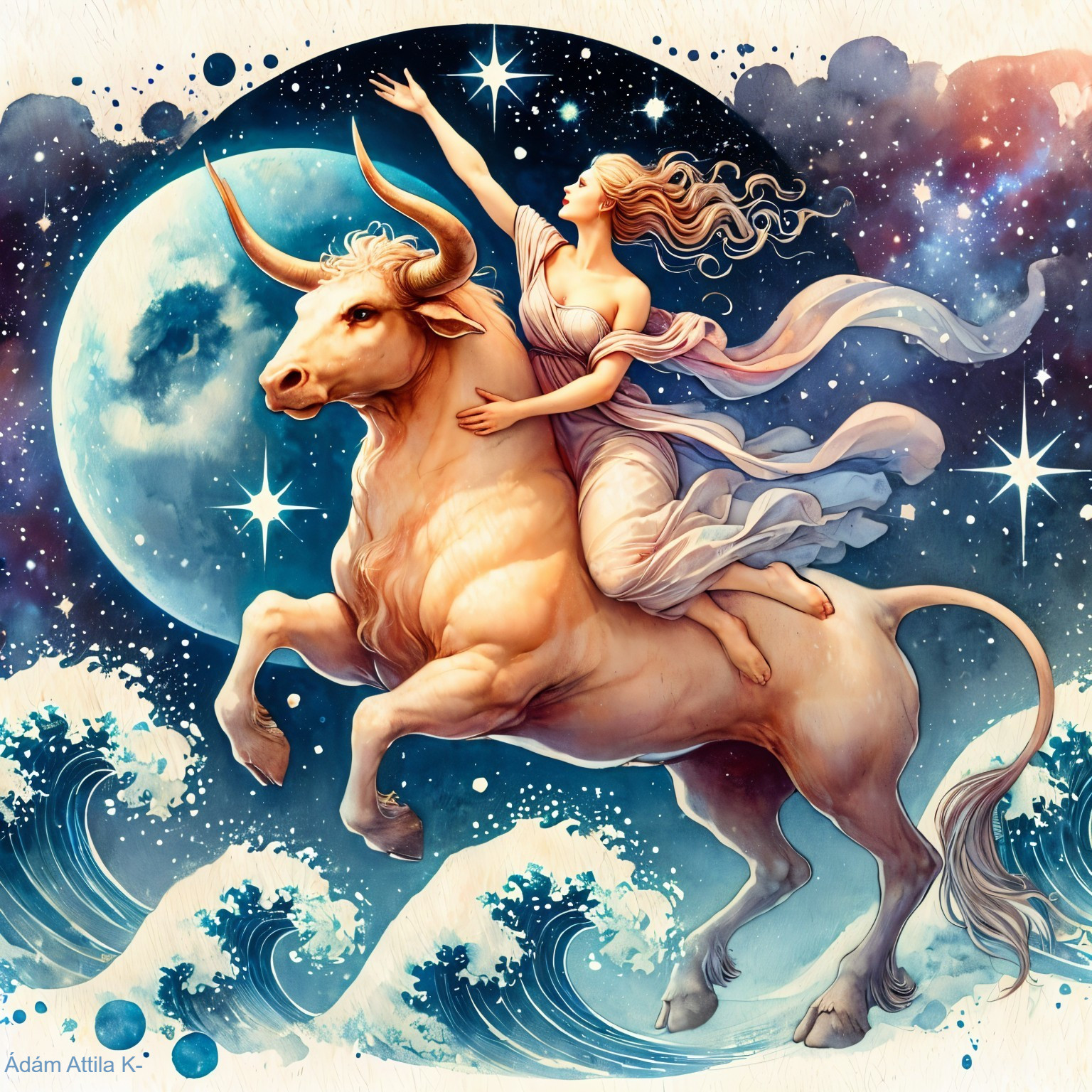 Woman on White Bull in Cosmic Starry Scene