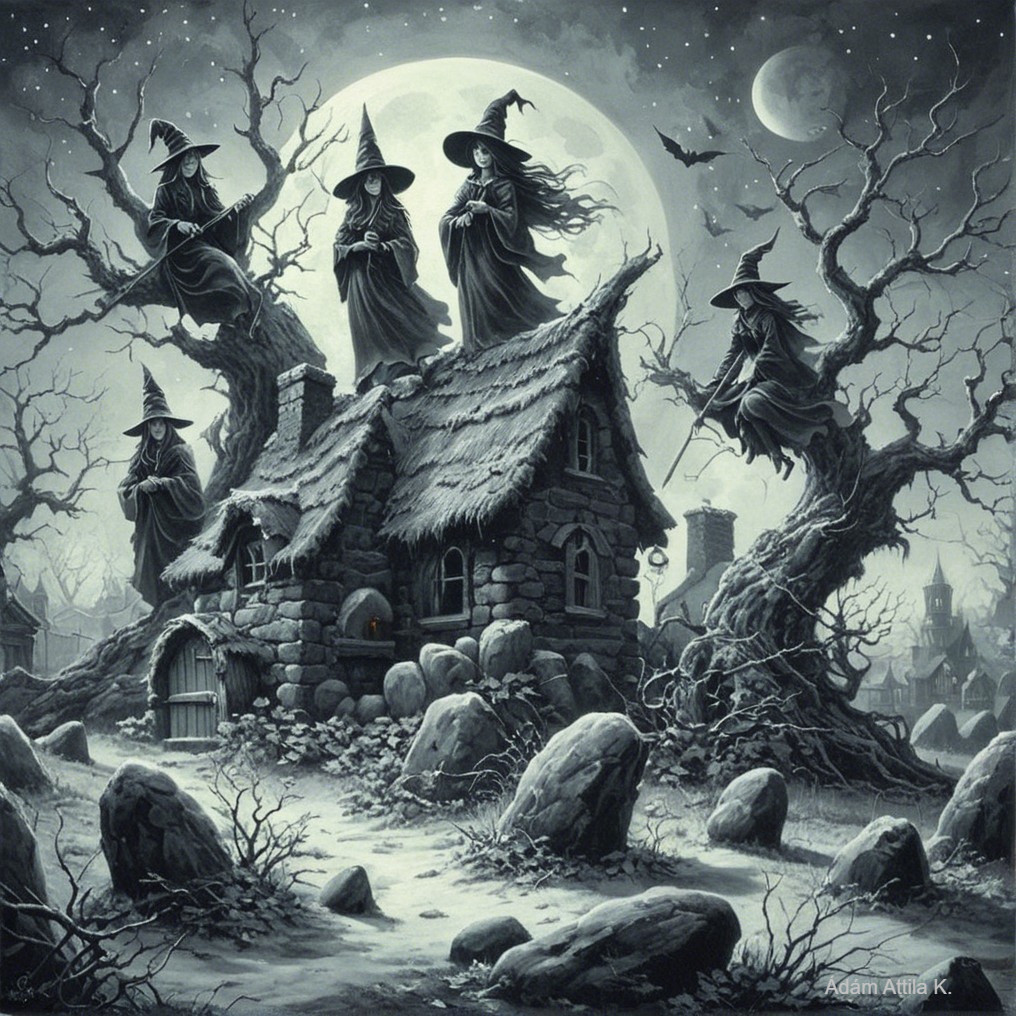 Haunting Black-and-White Scene of Witches and Cottage