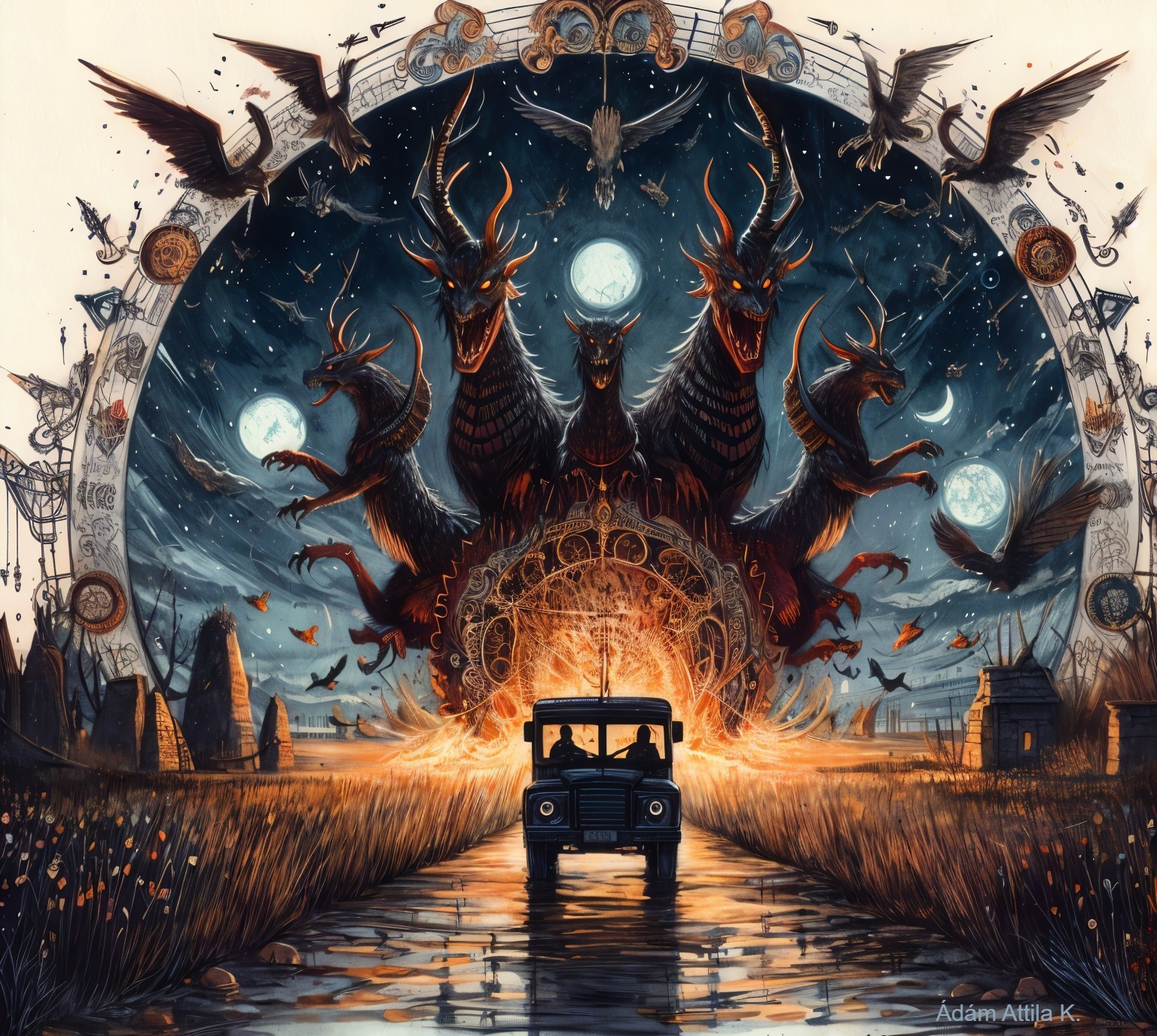 Lone Vehicle Approaching Ominous Dragon Portal Scene