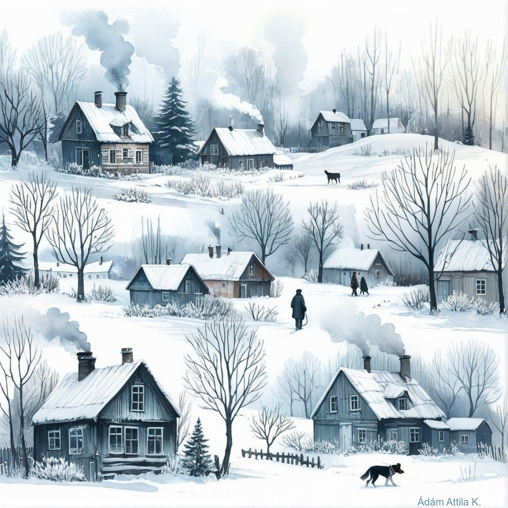 Serene Winter Landscape with Snow-Covered Cottages