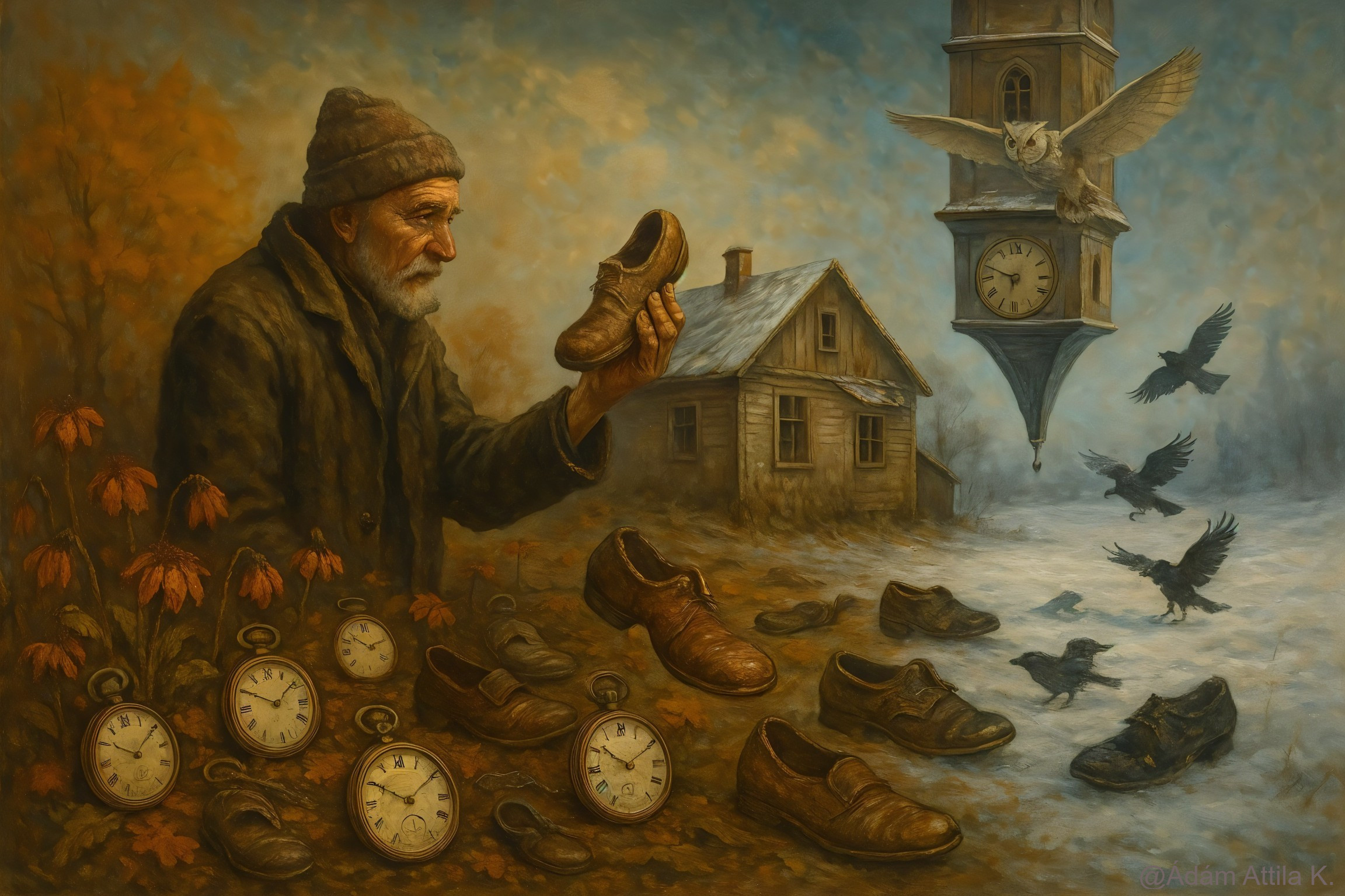 Elderly Man with Shoe in Surreal Landscape Painting