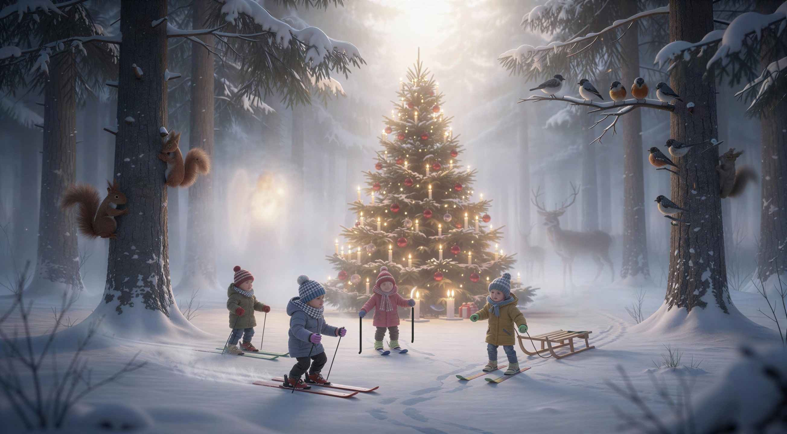 Children Skiing in Snowy Forest with Christmas Tree