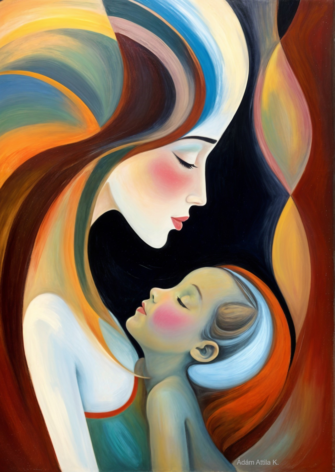 Mother and Child in Vibrant Swirling Colors