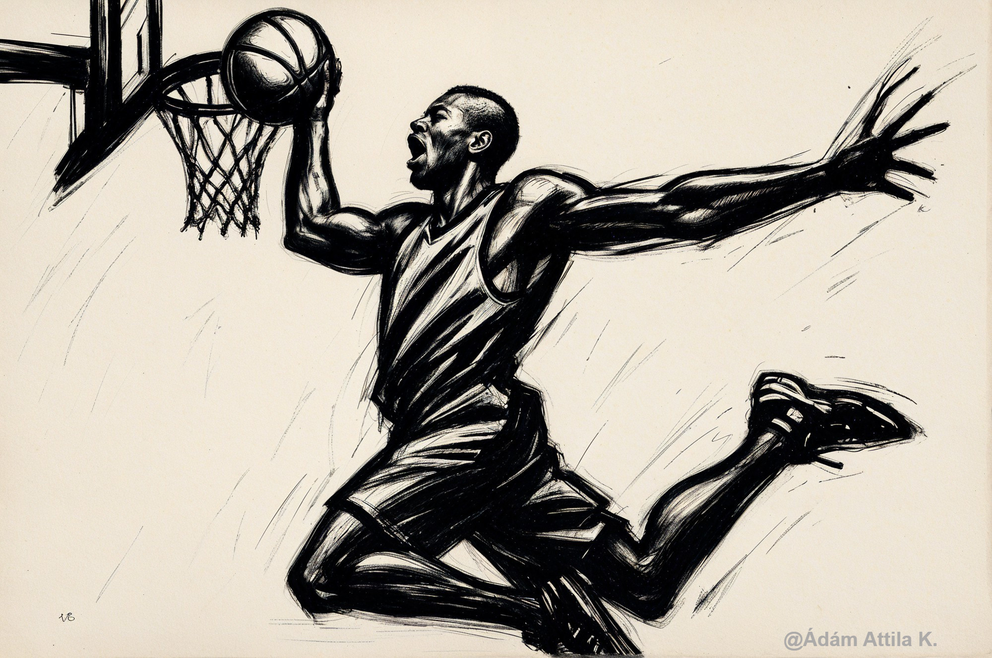 Black-and-White Illustration of Basketball Player Dunking
